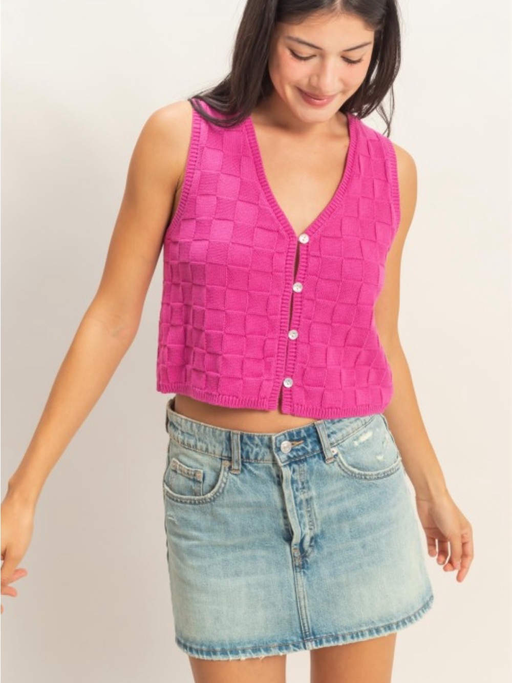 HYFVE Checker Knit Button-Front Crop Vest - Hot Pink